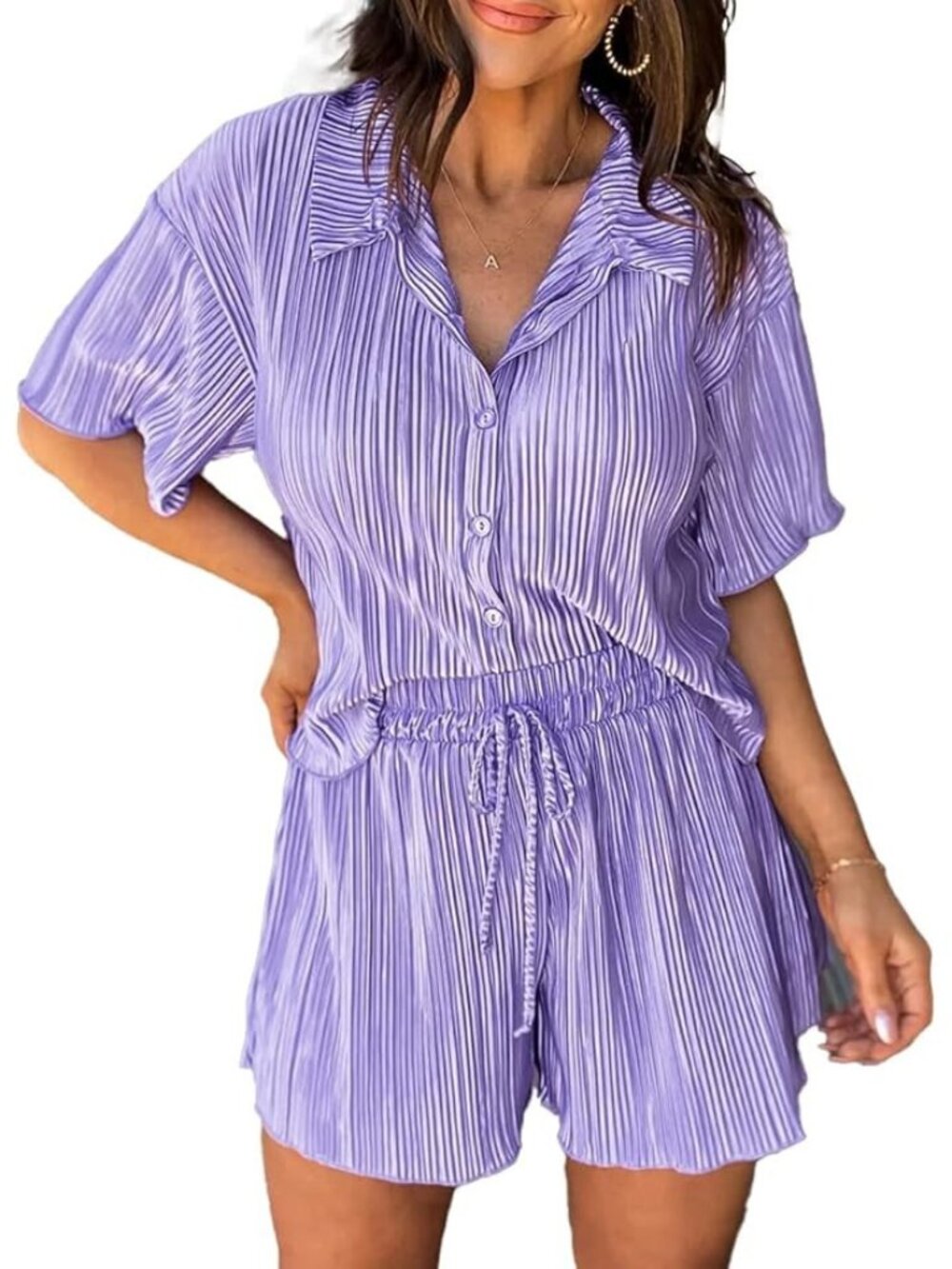 Theenkoln Womens Size Small Crinkle Satin 2 Piece Button Down Shirt & Shorts Set